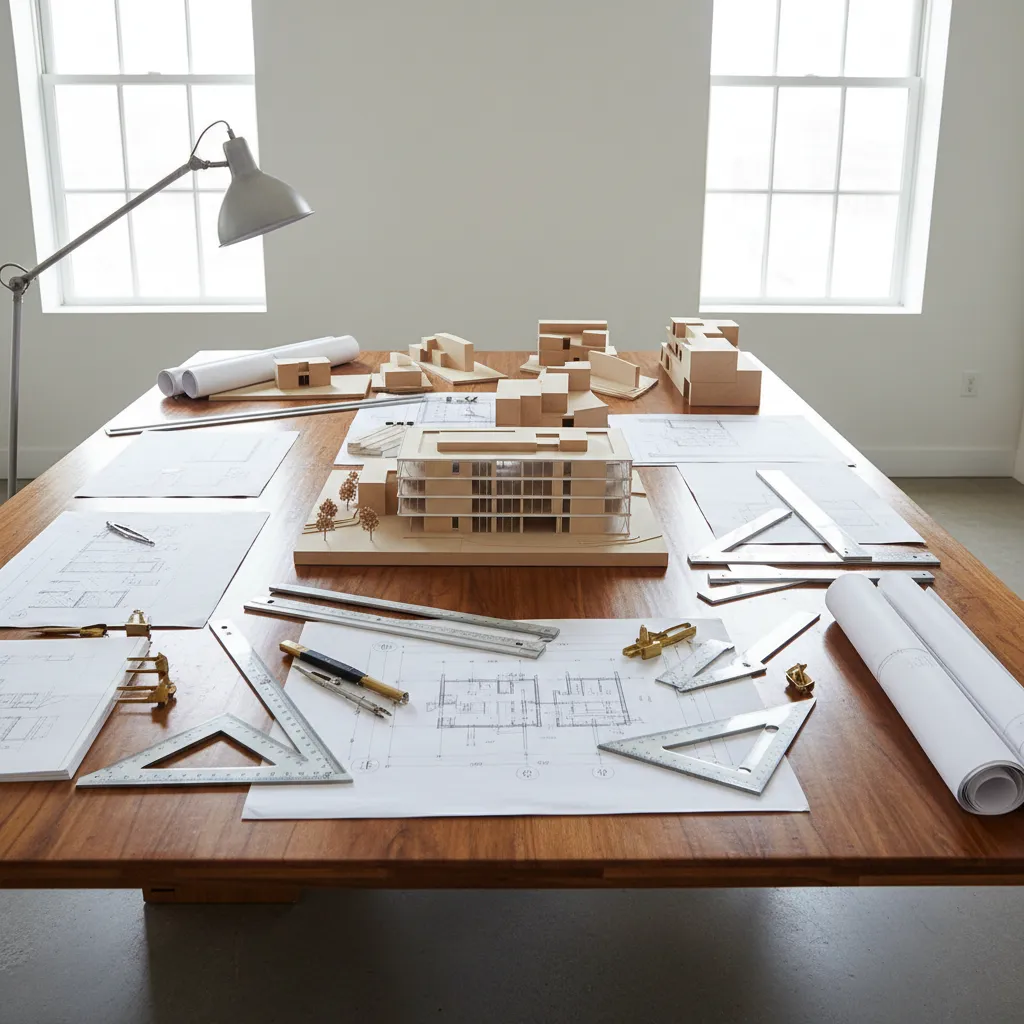 Wooden table with building models and floor plans including rulers and a silver desk lamp