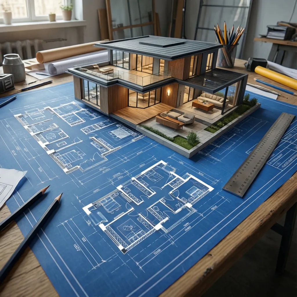 Conjunto de planos arquitectónicos con planta y alzado de una casa moderna