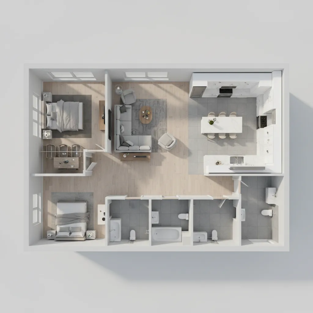 Plano 3D de una vivienda mostrando la distribución de habitaciones