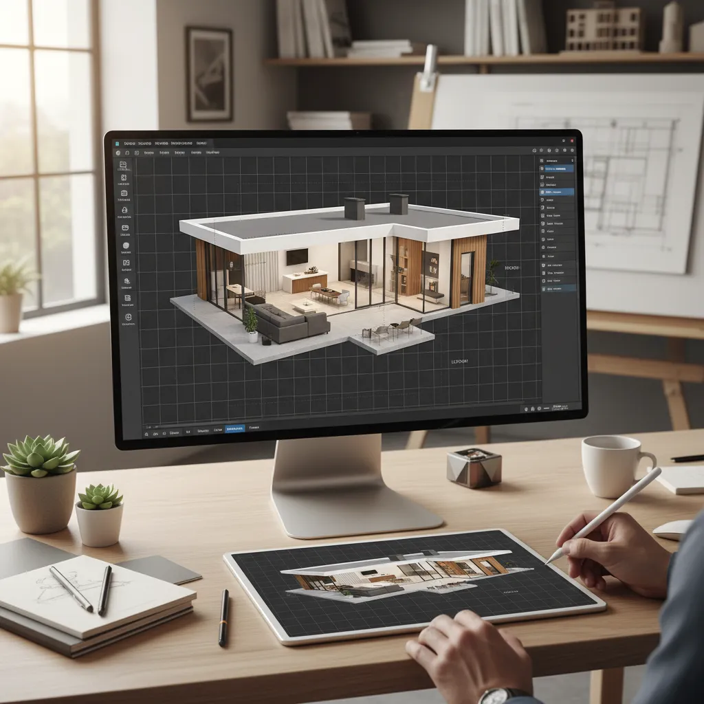 Computer monitor and digital tablet showing a three dimensional house model on a wooden office desk