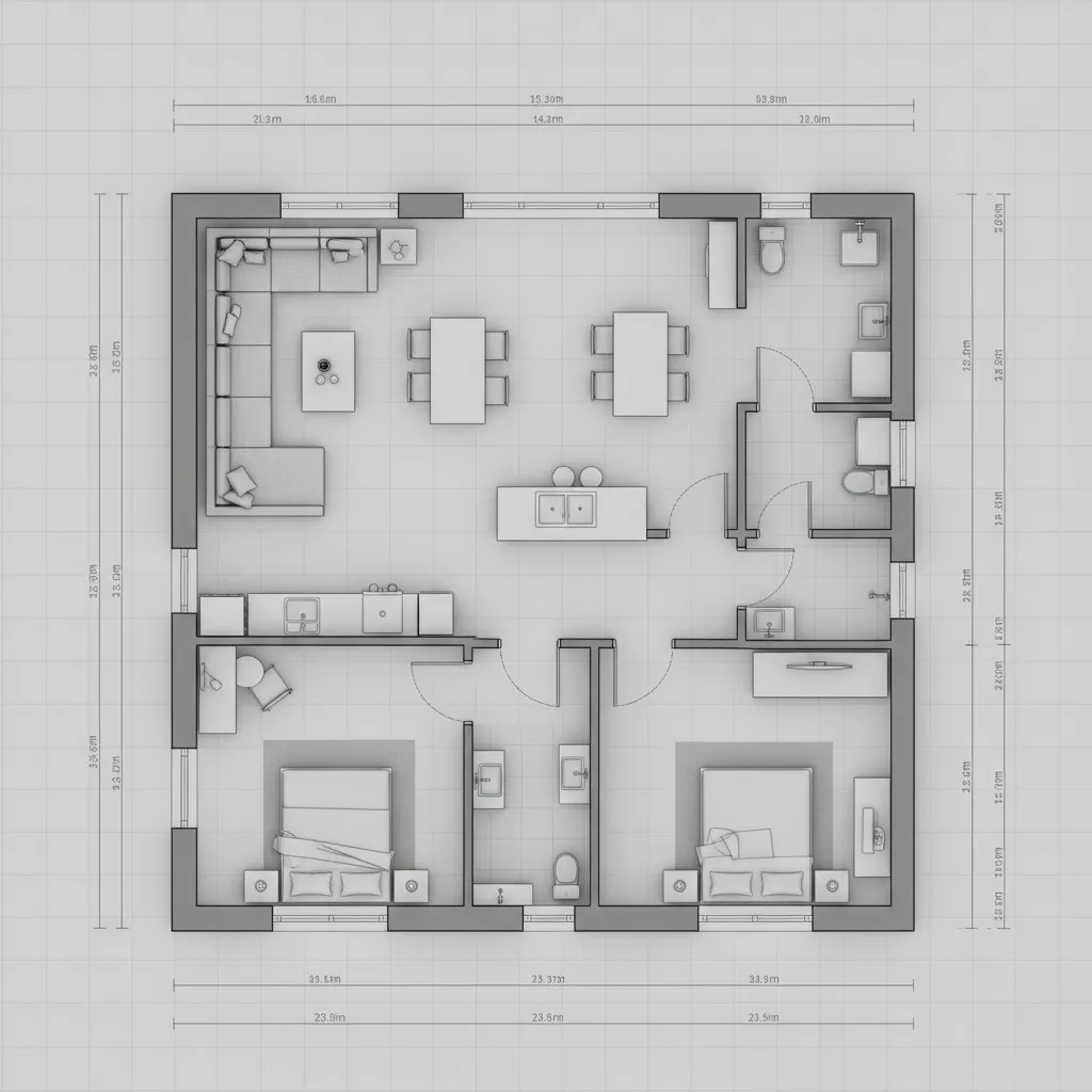 Plano digital de vivienda con distribución de habitaciones y mobiliario