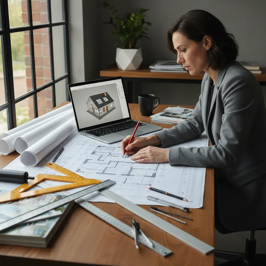 Arquitecto revisando planos de vivienda con ordenador y documentos técnicos