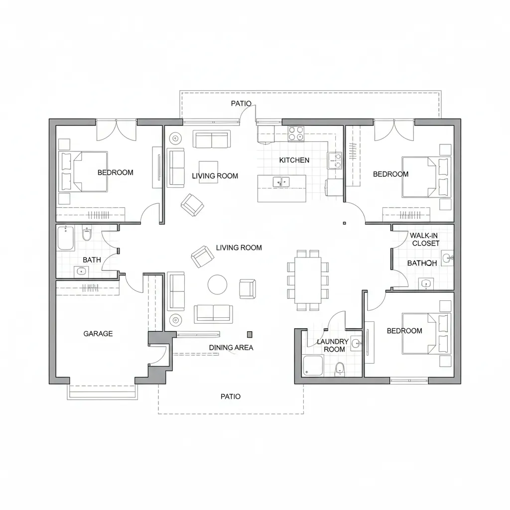 Plano de distribución de una vivienda con diferentes habitaciones