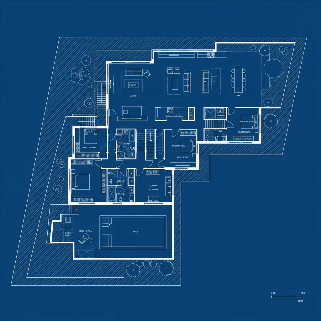 Plano arquitectónico de casa en pendiente con niveles escalonados