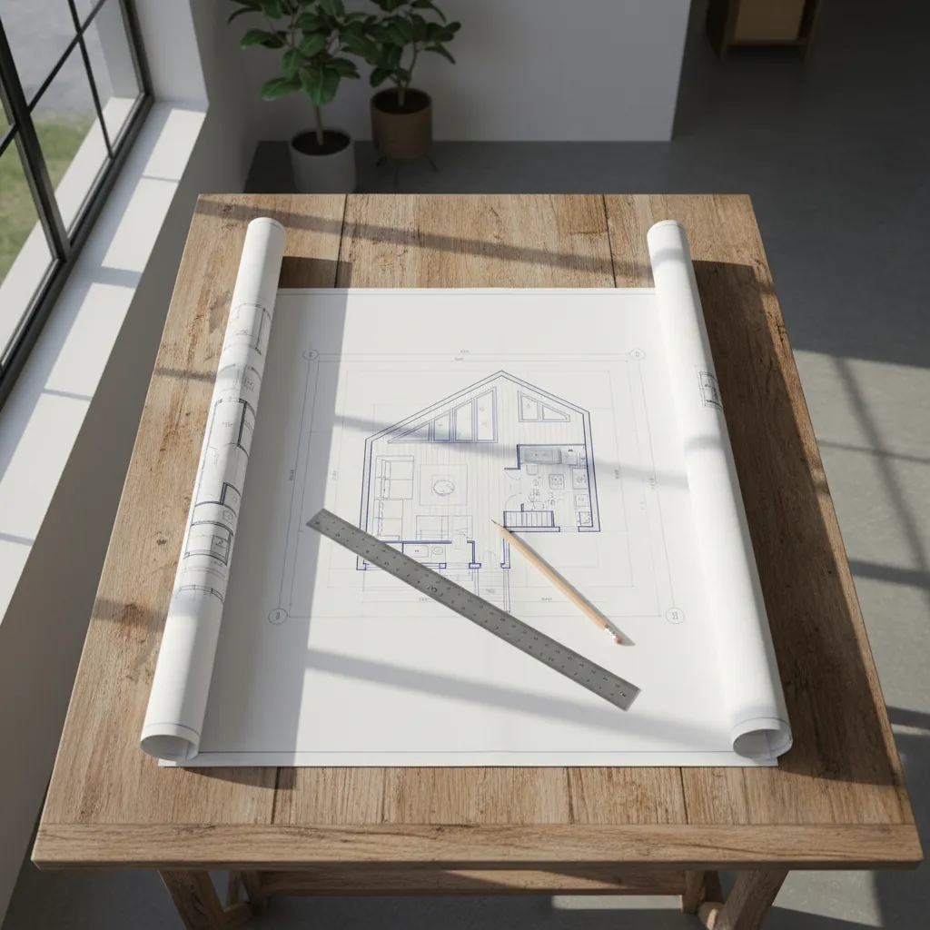 Planos arquitectónicos de una casa de madera abiertos sobre una mesa