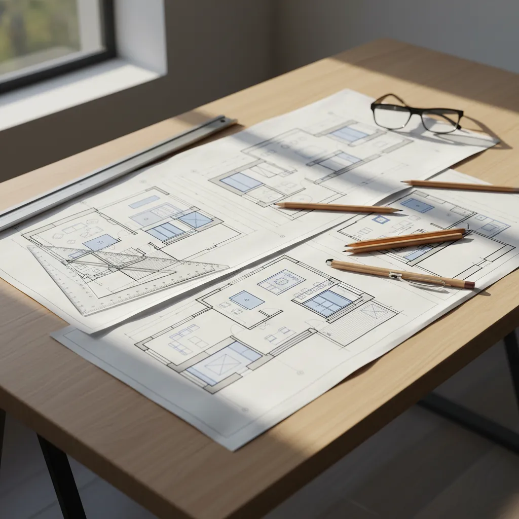 planos de distribución de una casa sobre una mesa de trabajo