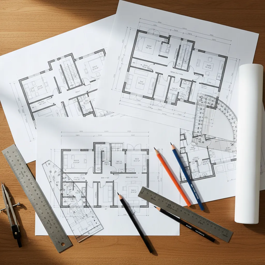 varios planos de casas impresos comparados sobre una mesa