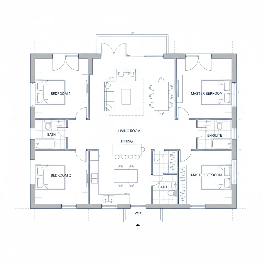 Plano arquitectónico de una casa moderna con distribución clara de habitaciones