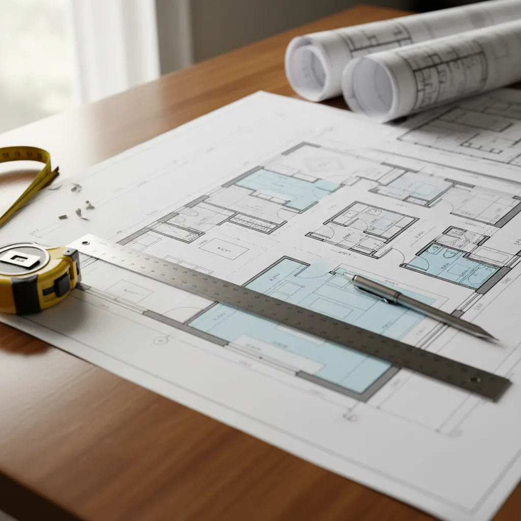Planos de planta de una vivienda con herramientas de diseño sobre una mesa
