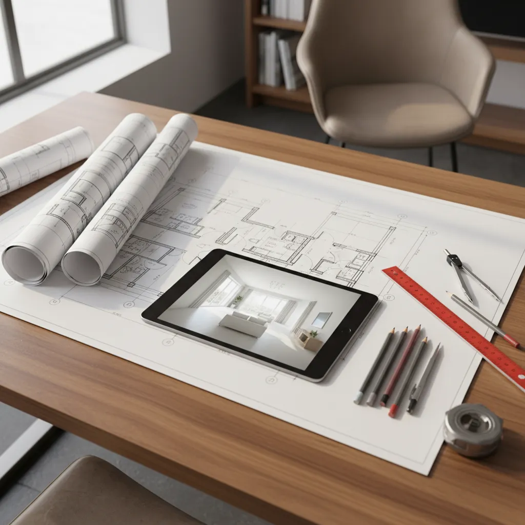 Planos arquitectónicos y tablet mostrando diseño interior en 3D