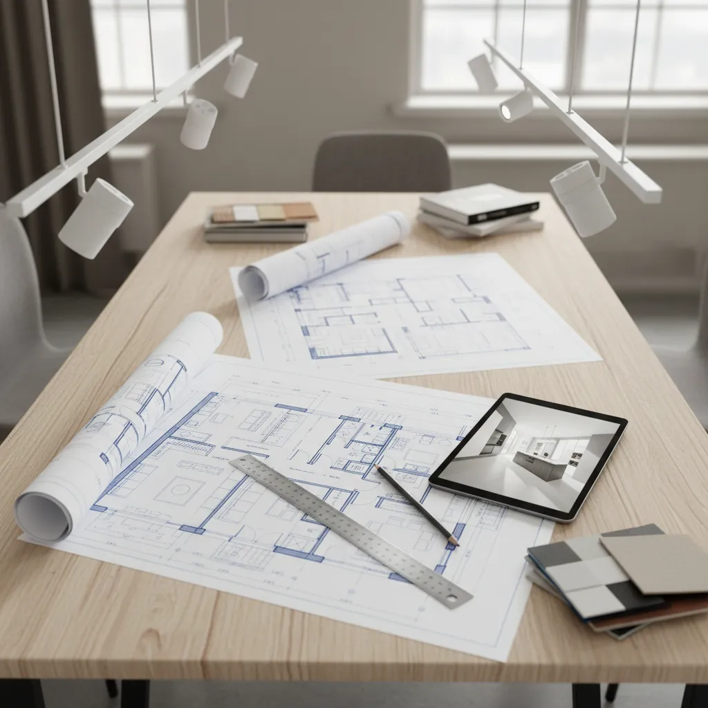 Wooden table showing interior design drawing with ruler pencil tablet and white ceiling light fixture