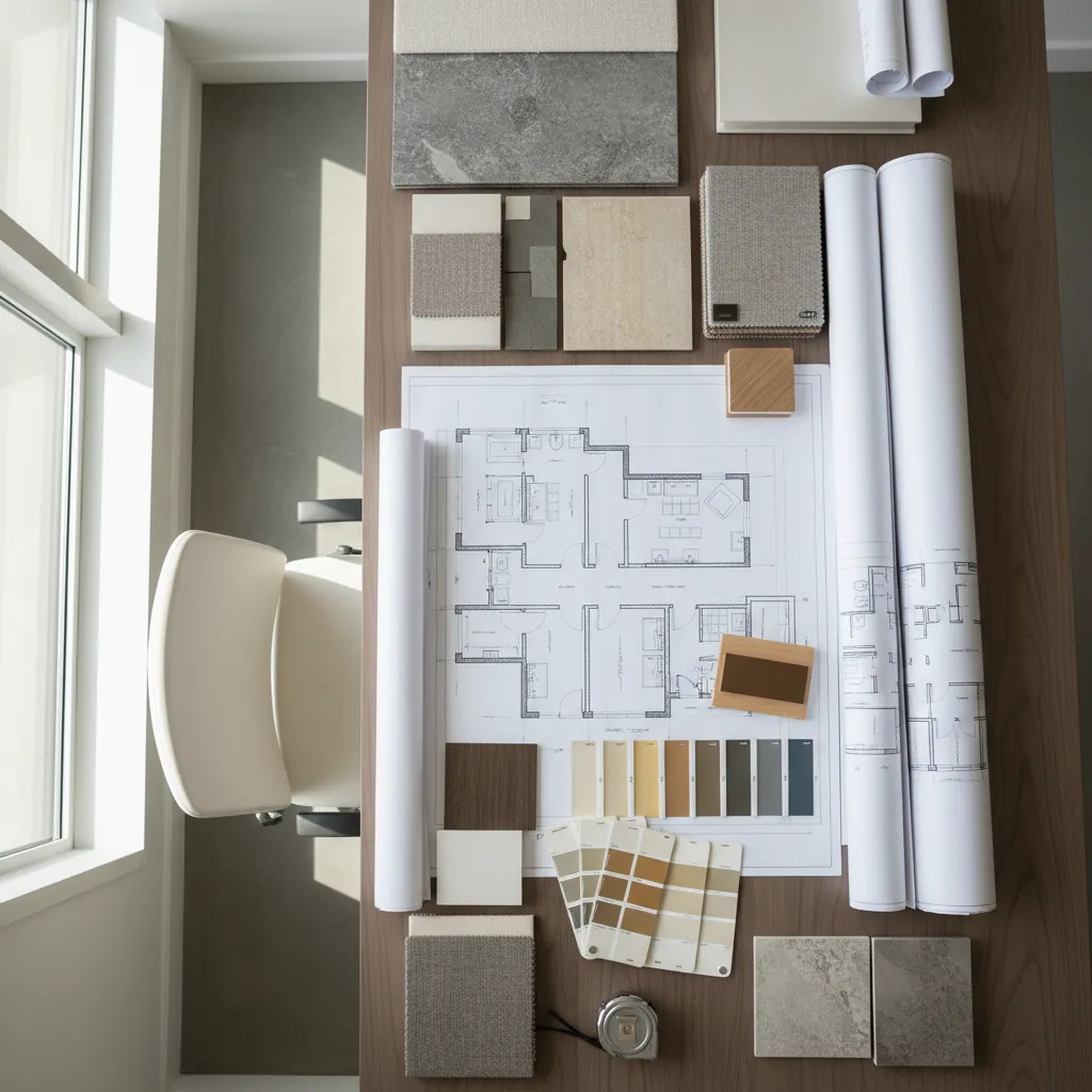 Planos de interiorismo sobre una mesa de trabajo