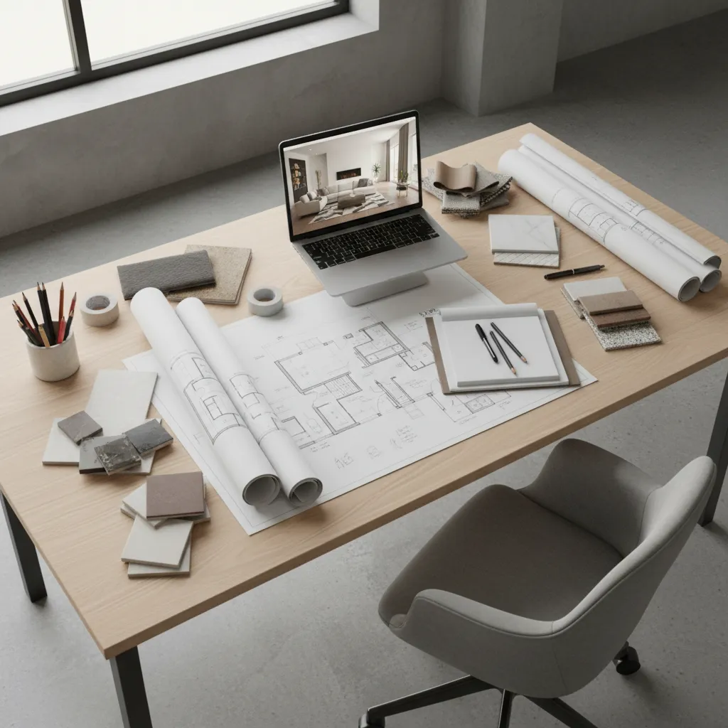 Planos y bocetos de diseño de interiores sobre una mesa de trabajo