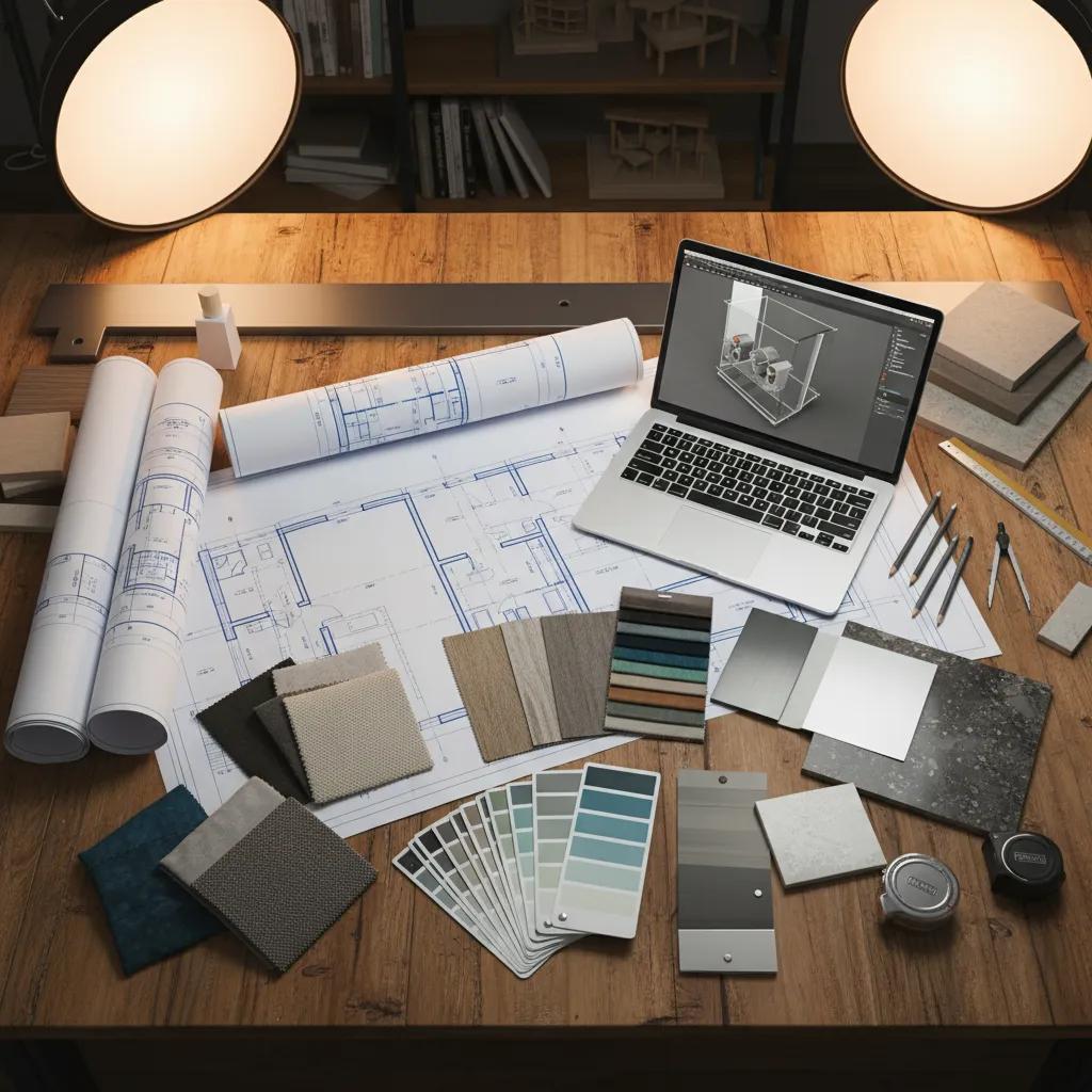 Mesa de trabajo con planos de diseño interior y muestras de materiales
