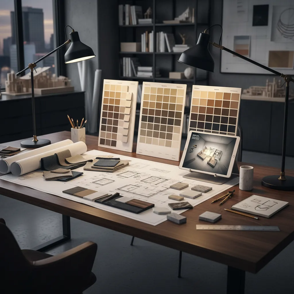 Mesa de trabajo con planos de interiorismo, muestras de materiales y tablet