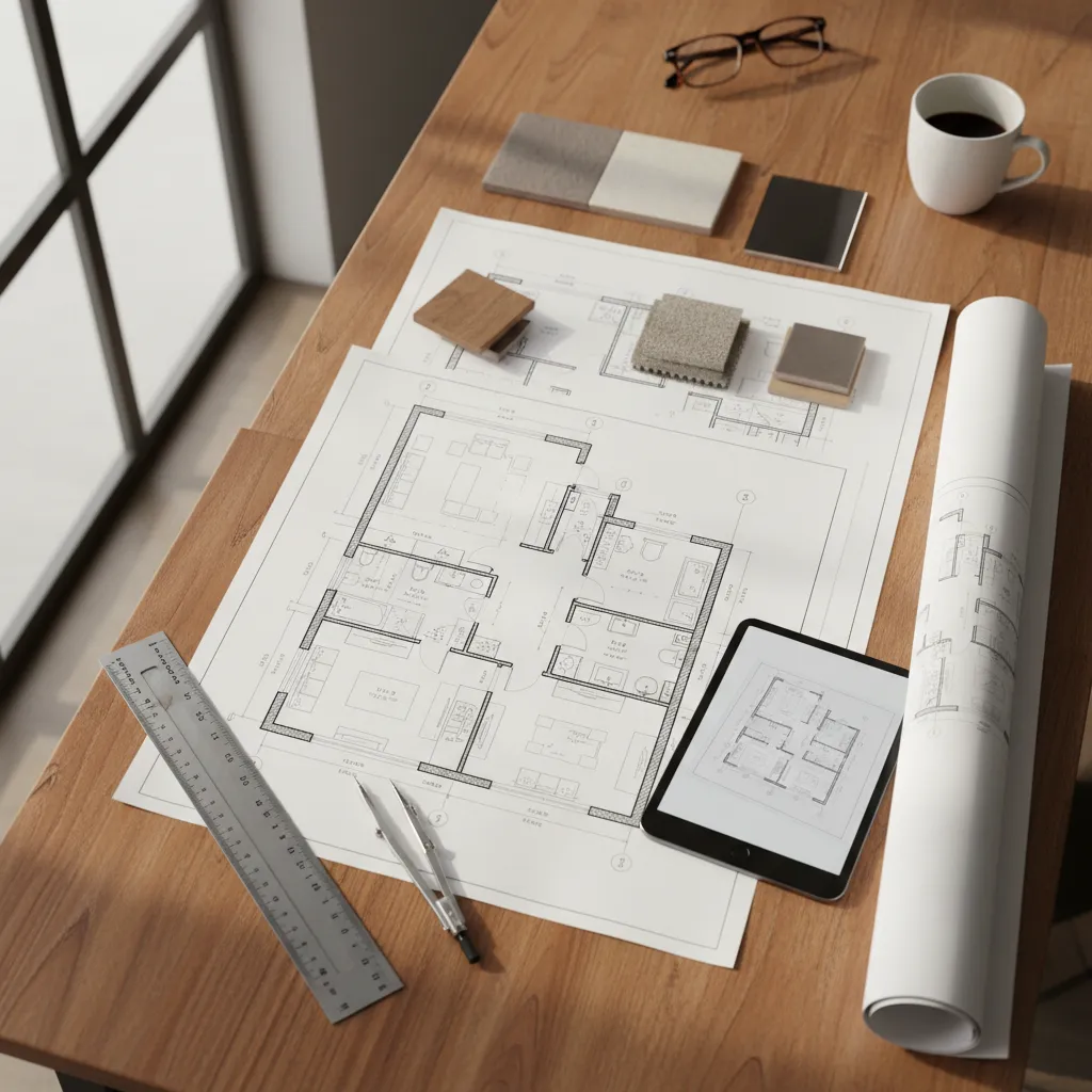 Professional room layout drawing on table with tablet material samples ruler compass and coffee cup