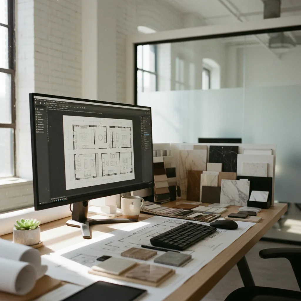 Computer monitor showing a room layout design on a desk with material samples and drawings