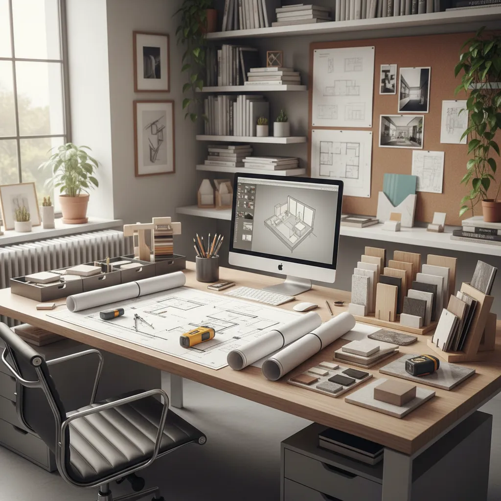 Planos de distribución de un departamento sobre una mesa de trabajo de diseñador
