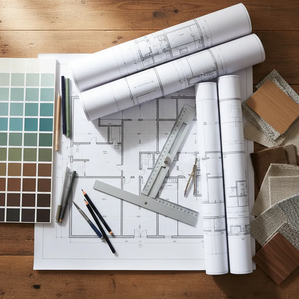 Planos de distribución de interiores con reglas, lápices y muestras de materiales