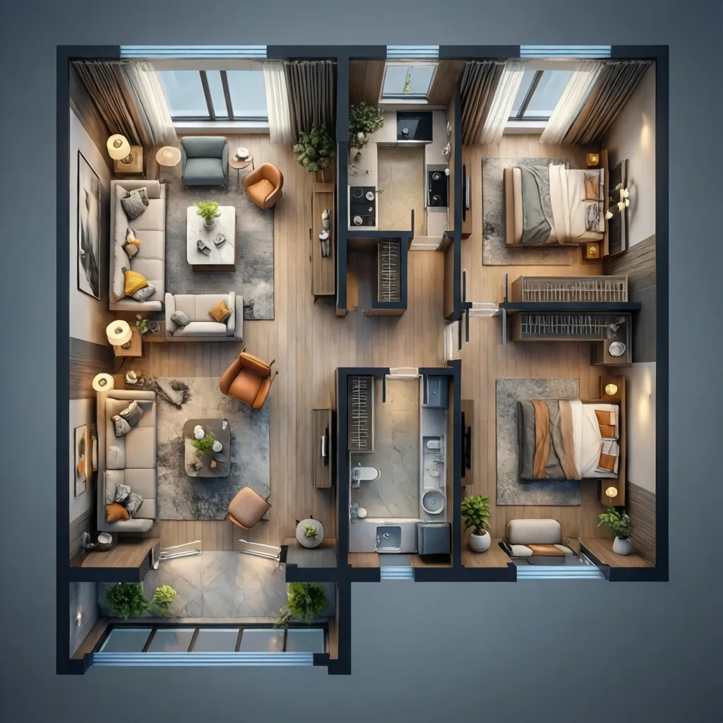 Plano 3D de una vivienda con distribución de muebles