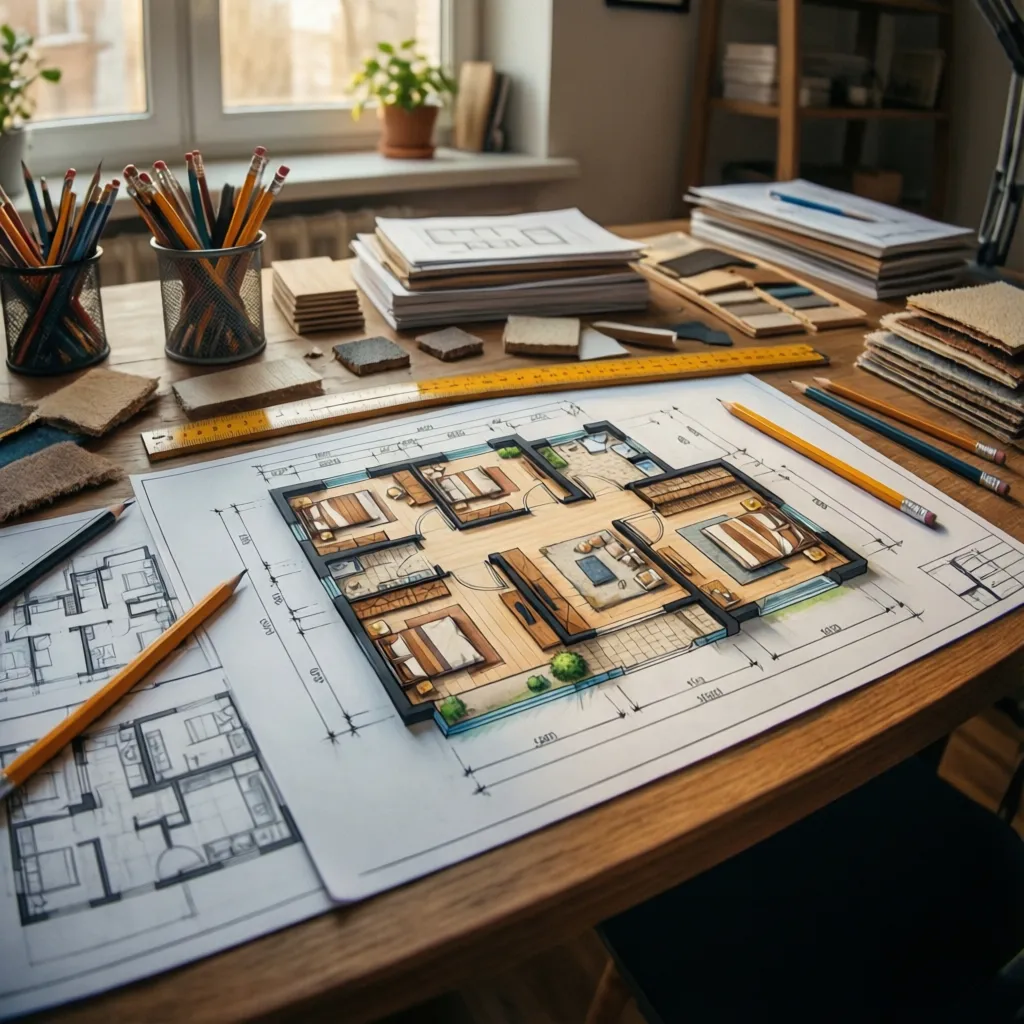 Interior design drawing showing room layout with pencils ruler and material samples on wooden desk