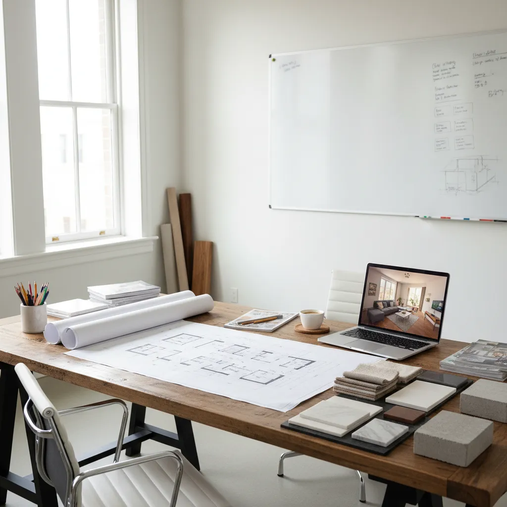 Mesa con planos de diseño de interiores, muestras de materiales y portátil