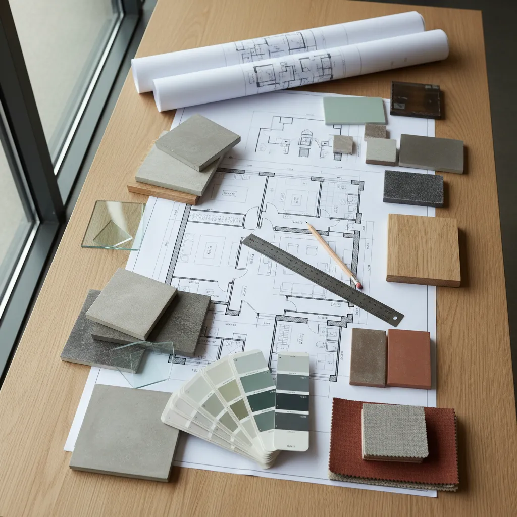 Planos de interiorismo con muestras de materiales y herramientas de diseño