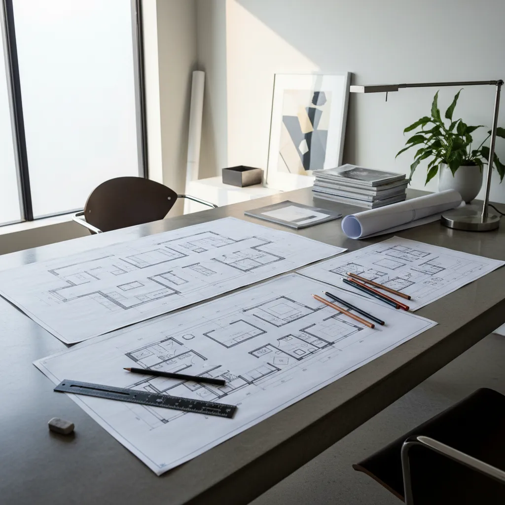 Printed 2D floor plan drawings on a grey desk with pencils ruler plant and lamp