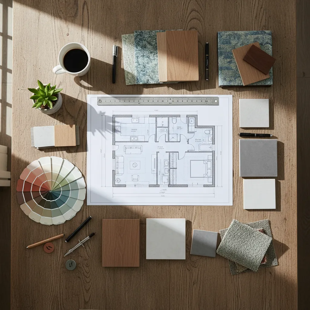 Floor plan on wooden table with color wheel material samples wood tile fabric and coffee