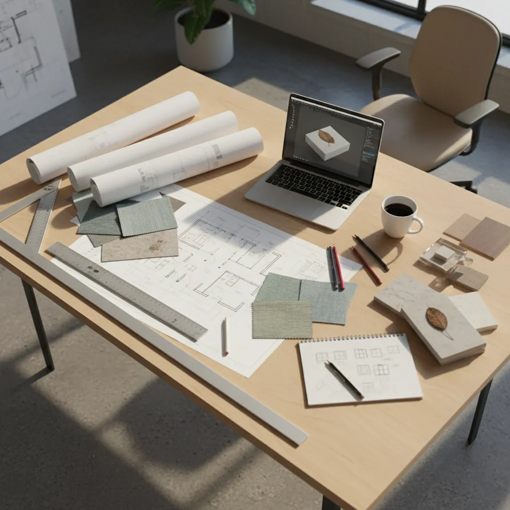 Planos de distribución de interiores sobre una mesa de trabajo