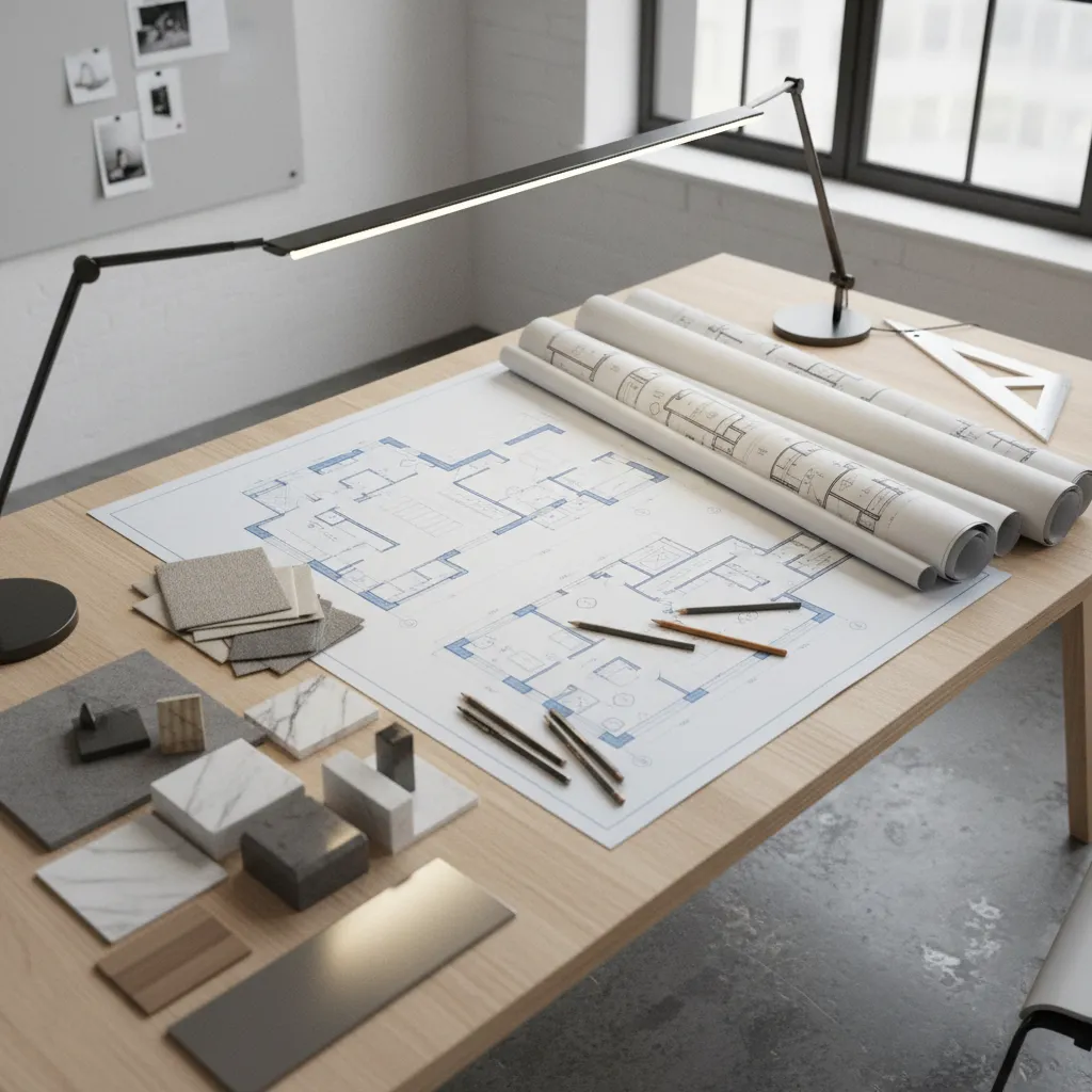 Room layout drawing on wooden desk with material samples paper rolls and a black light