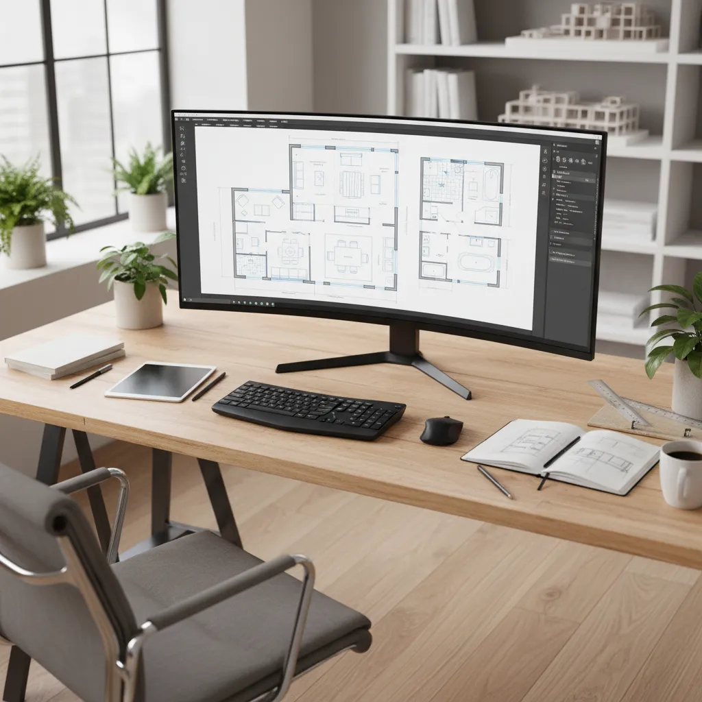 Wide computer monitor showing a detailed floor plan on a wooden desk with a notebook