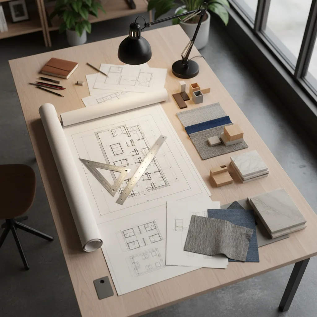 Plano de distribución de vivienda sobre mesa de trabajo de interiorista