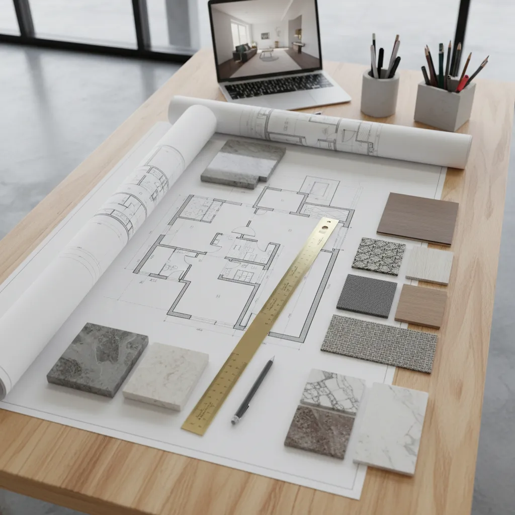 Planos de distribución interior extendidos sobre una mesa con herramientas de diseño