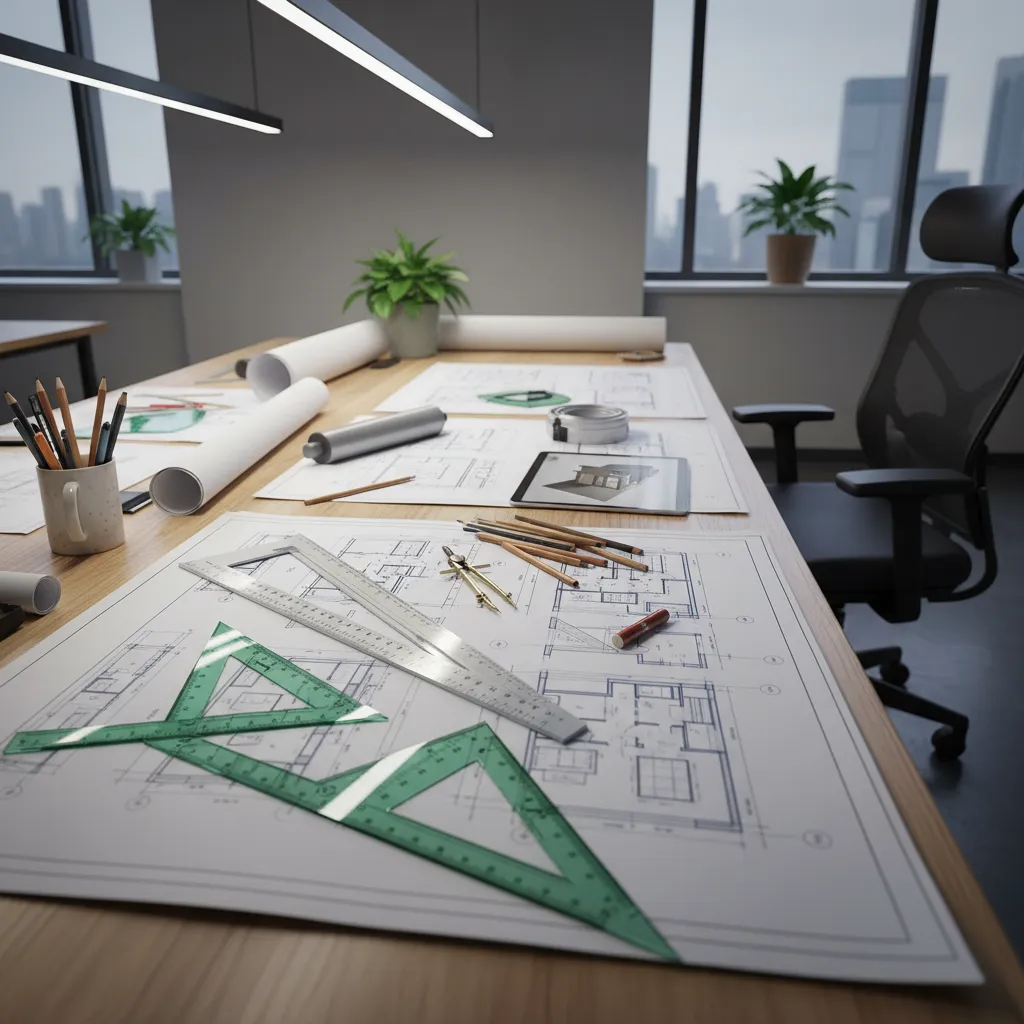 planos arquitectónicos de una vivienda extendidos sobre mesa de trabajo