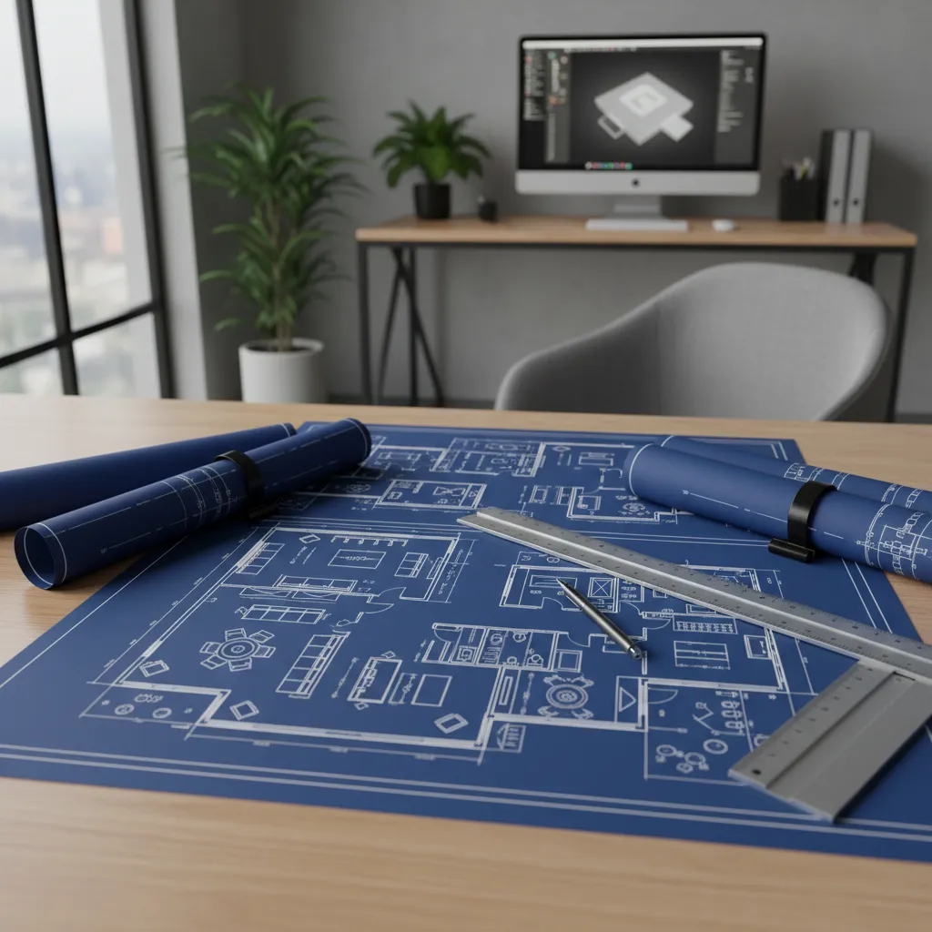 Plano arquitectónico de distribución sobre mesa de trabajo