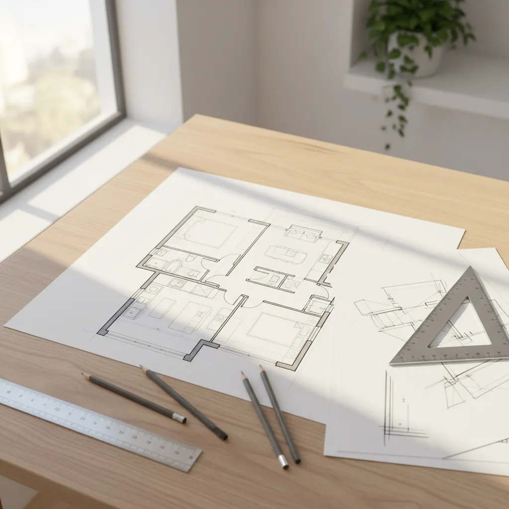 Floor plan drawing on wooden table with pencils ruler and triangle tool near sunny window