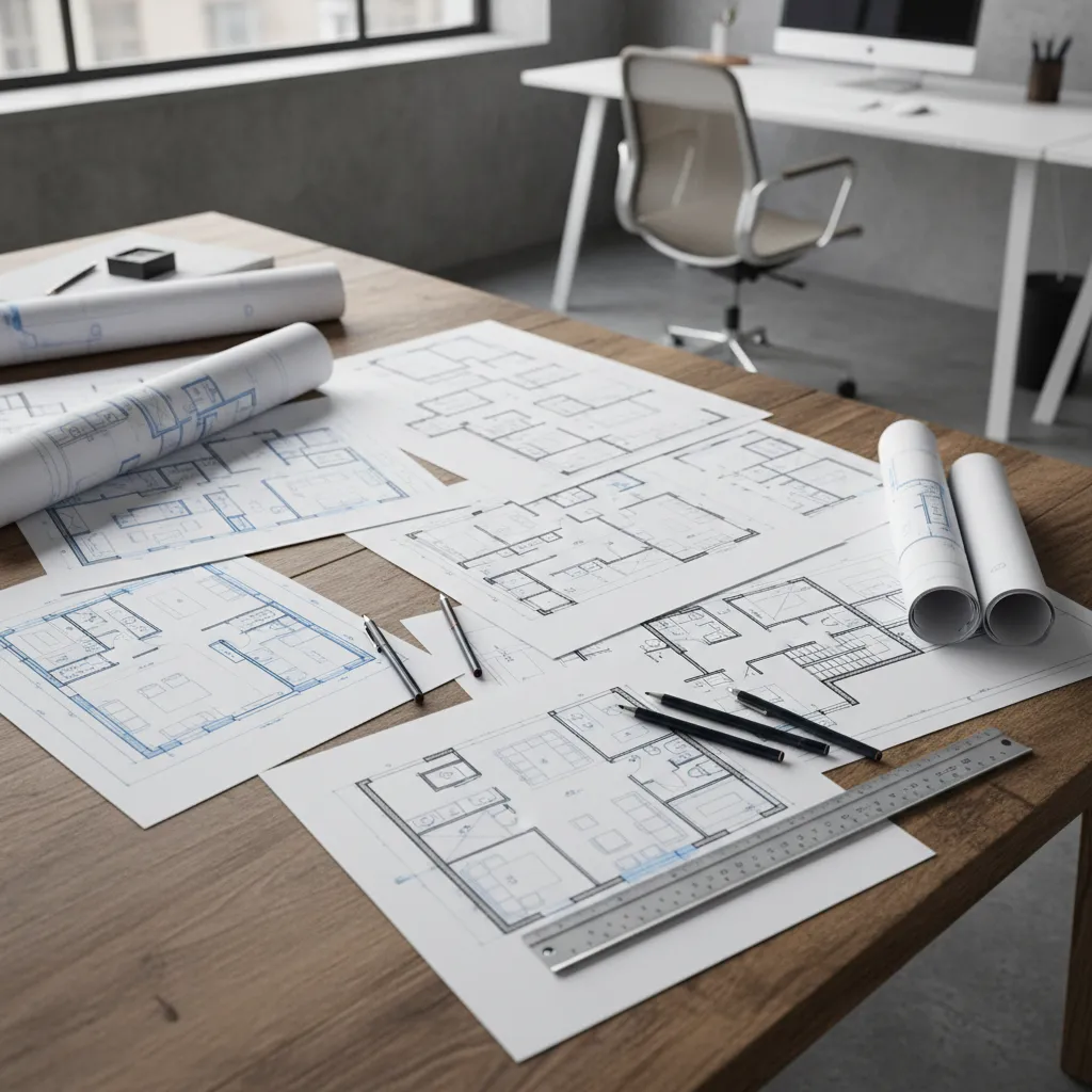 Planos arquitectónicos y de diseño interior superpuestos en una mesa de trabajo