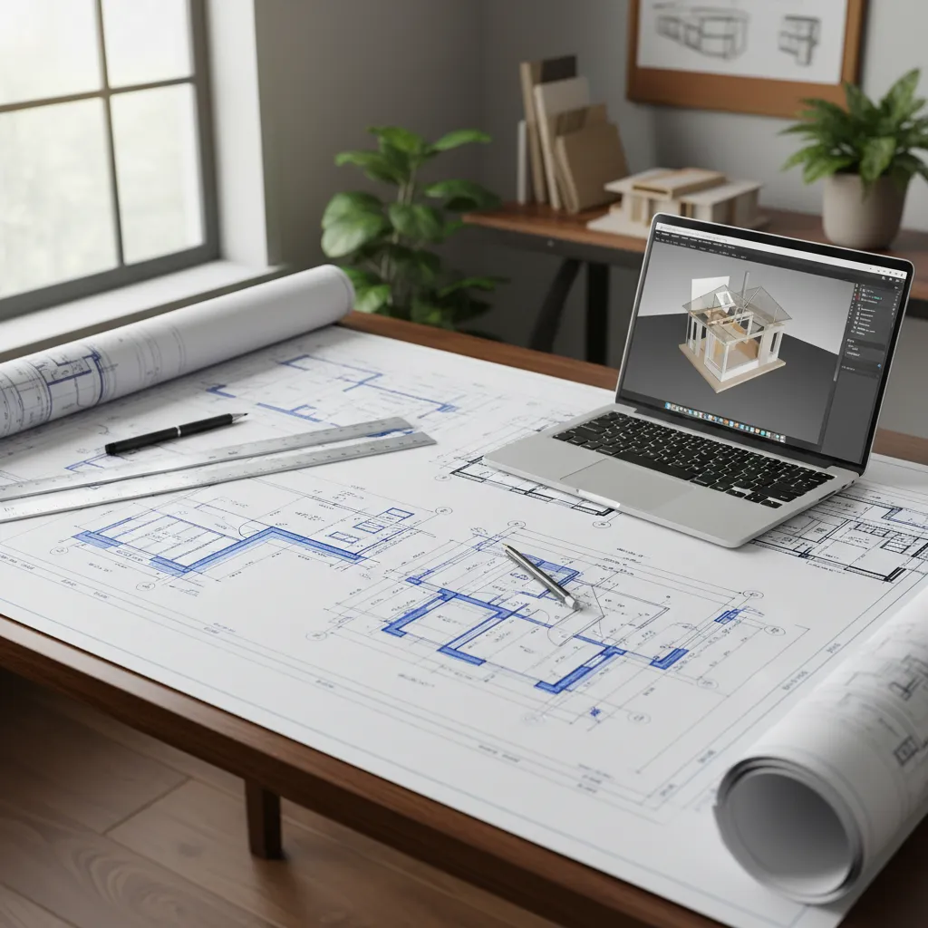 Planos estructurales de vivienda sobre mesa de trabajo