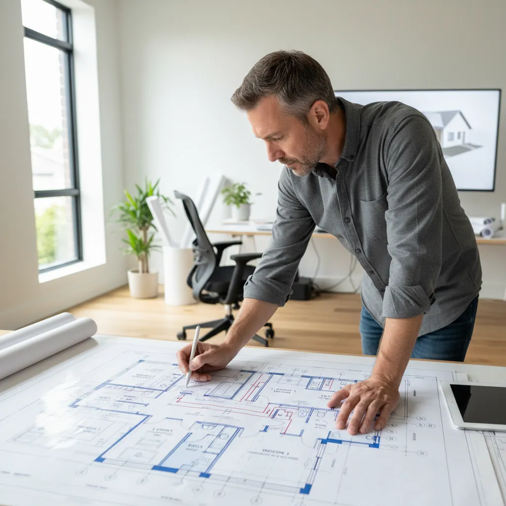 Arquitecto revisando plano de instalación eléctrica de una vivienda