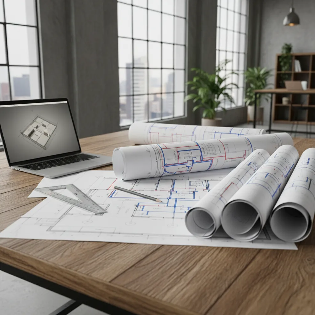 Conjunto de planos de instalaciones sobre mesa de trabajo