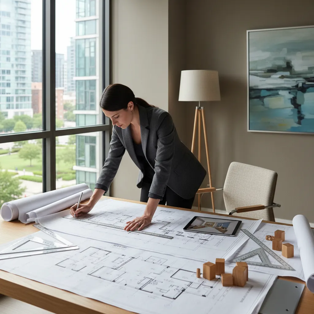 Professional designer drawing a house floor plan on paper with a ruler in modern office