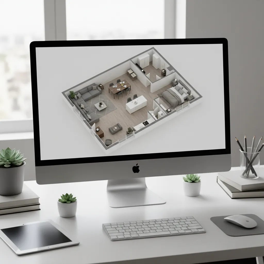 Plano 3D de distribución interior en pantalla de ordenador