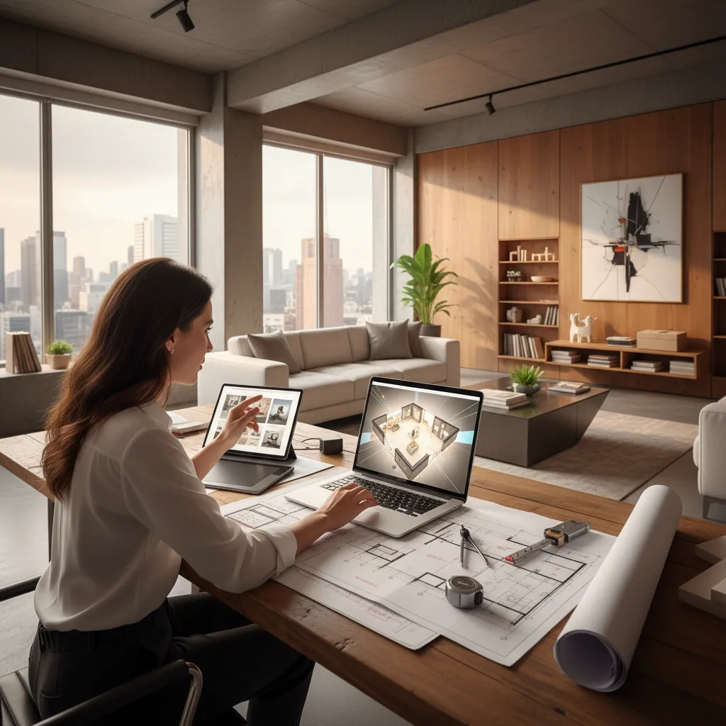 Diseñador revisando planos y modelos 3D de una vivienda