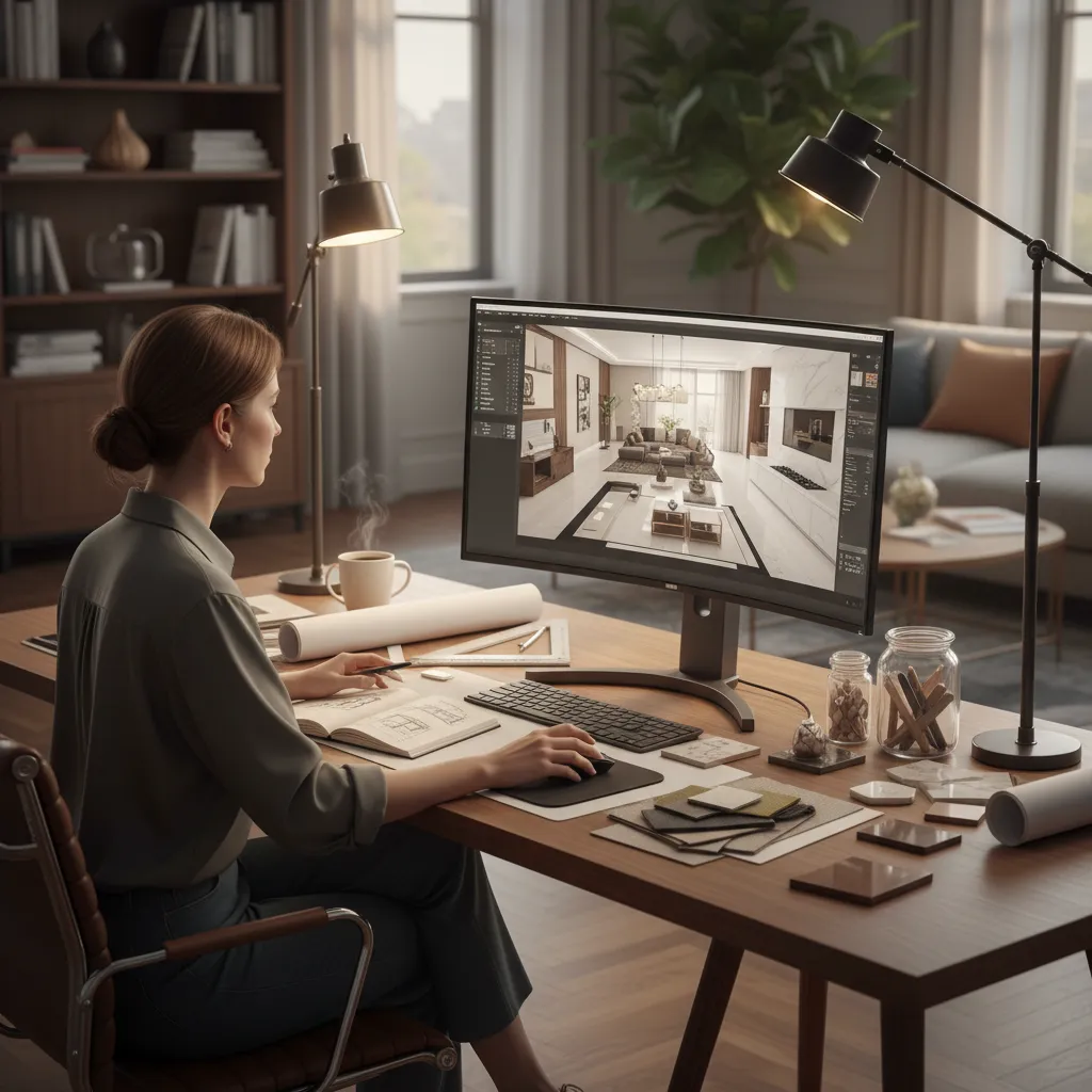 Woman using Coohom to create an interior design drawing with sketches and various material samples