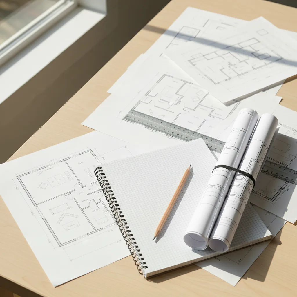 Planos de distribución de vivienda con lápiz y cuaderno de diseño