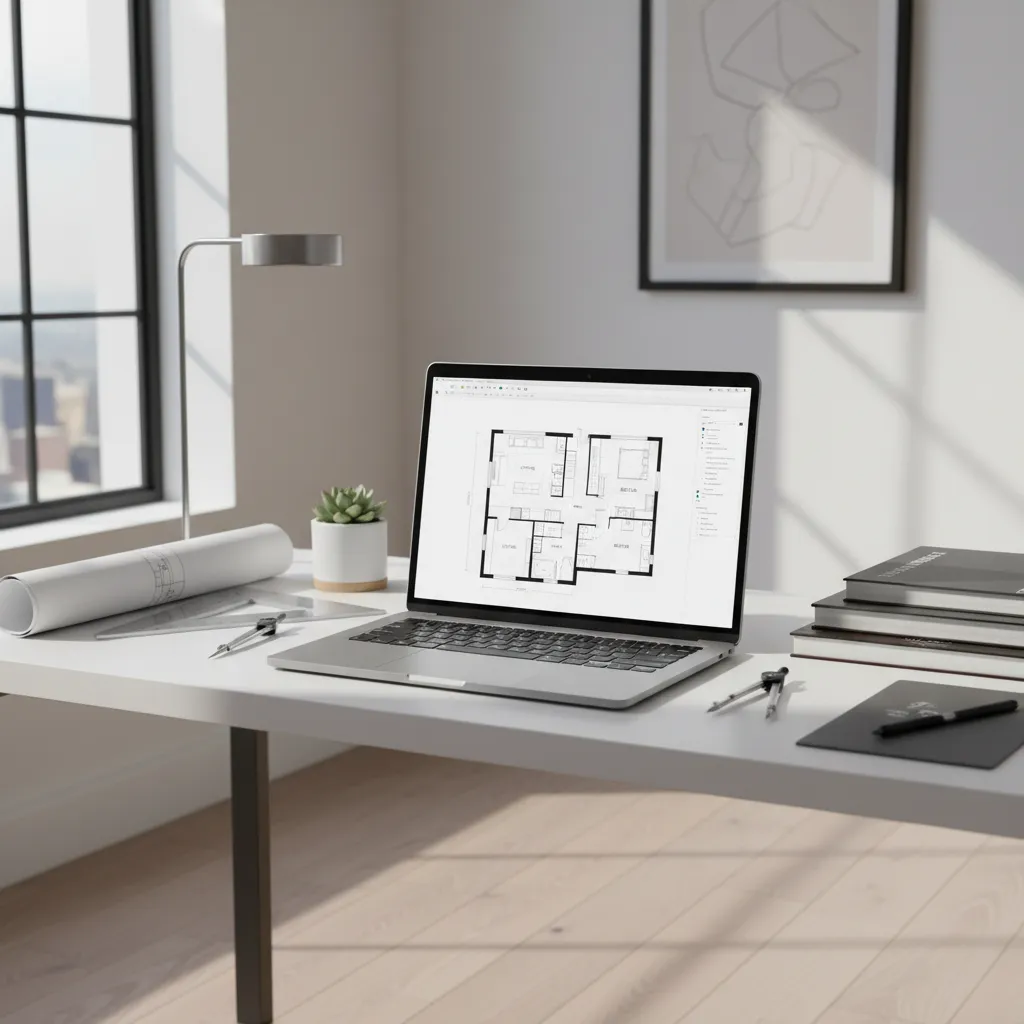 Laptop showing an interior floor plan on a white desk with lamp and rolled drawings
