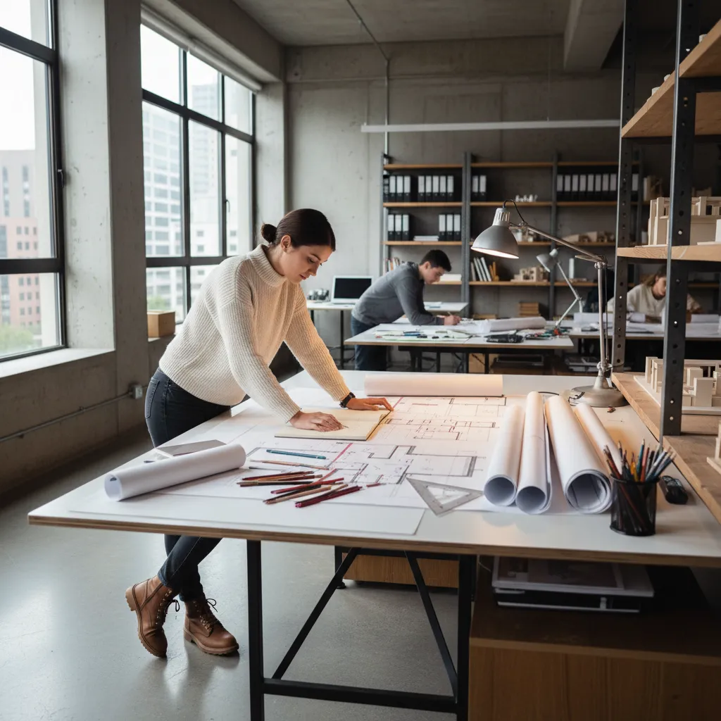 Estudiante de diseño de interiores trabajando con planos técnicos