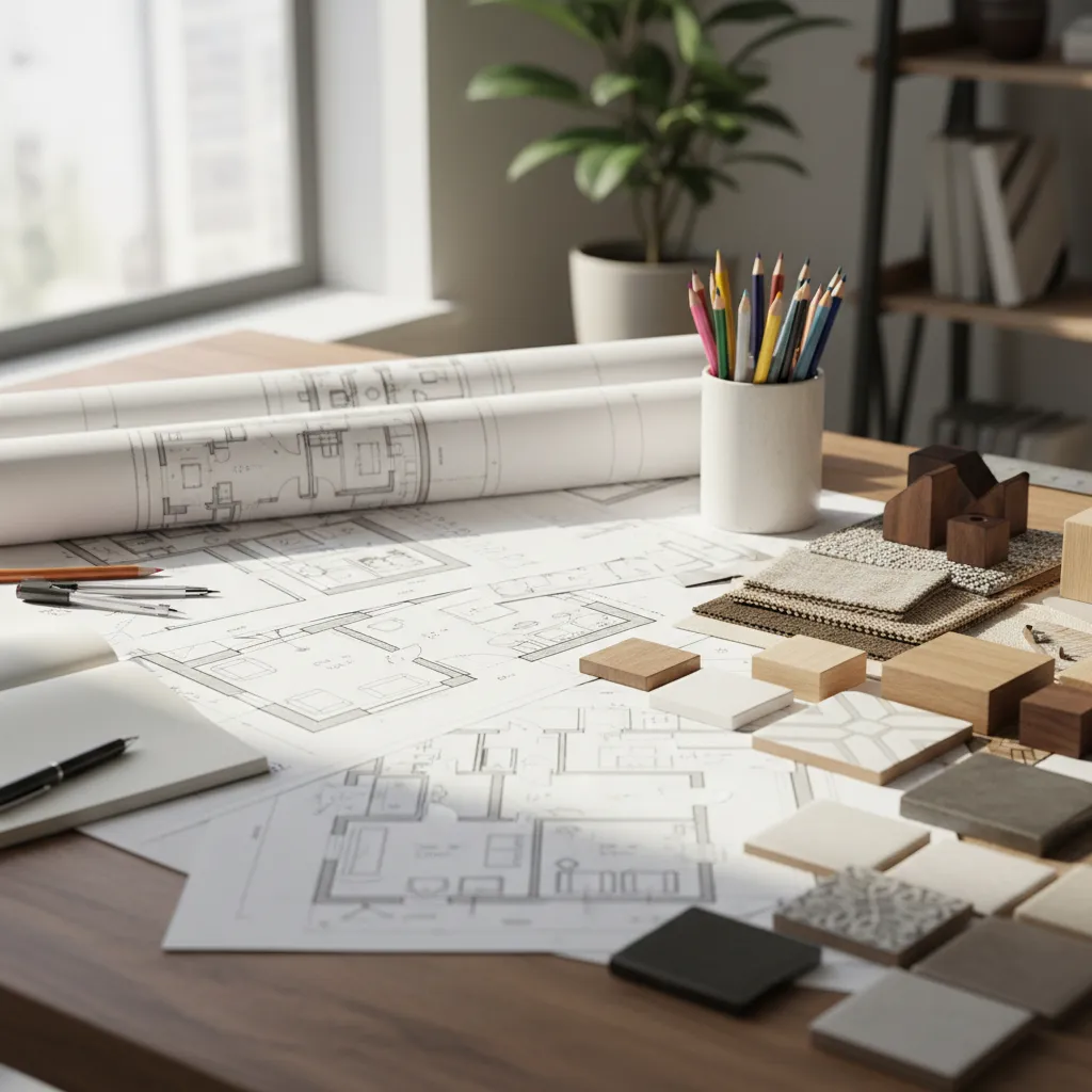 detalle de planos y bocetos de diseño de interiores