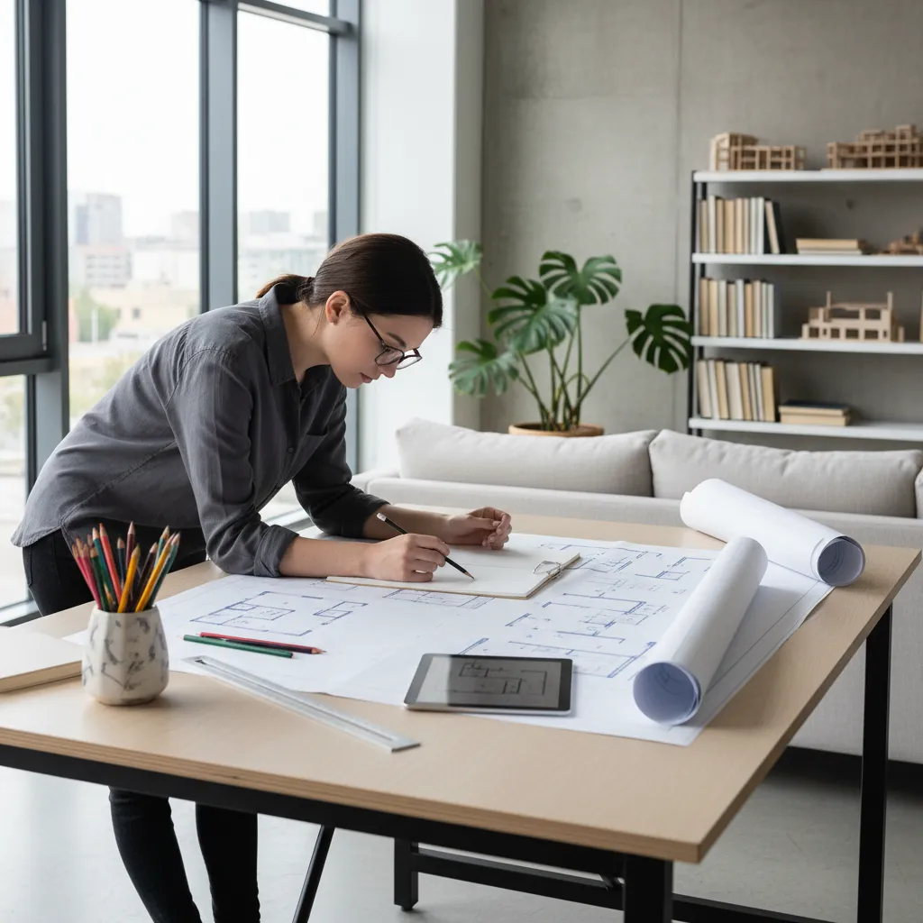 Estudiante revisando planos de distribución interior en una mesa de trabajo